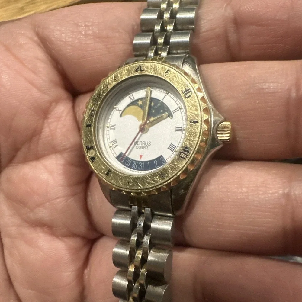 Works Vintage Benrus Moon Phase Womens Watch 25MM Two‎ Tone Band Fit 7in - Read
